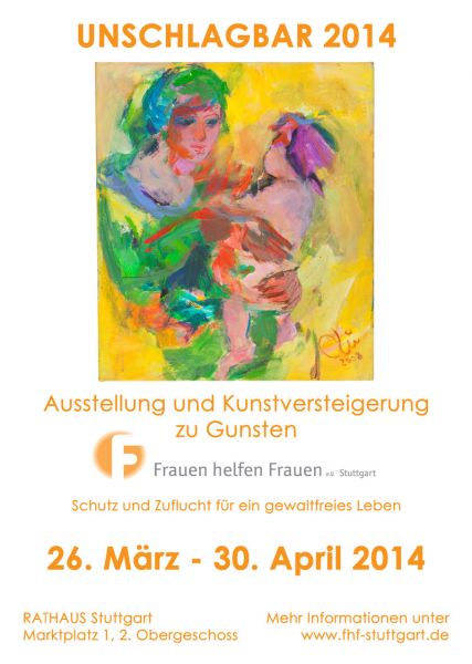 Das Bild zeigt den Flyer für die Kunstversteigerung zu Gunsten von Frauen helfen Frauen e.V. Stuttgart. 